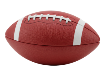 American football isolated on transparent background, red leather ball with white stripes for sports equipment and game day