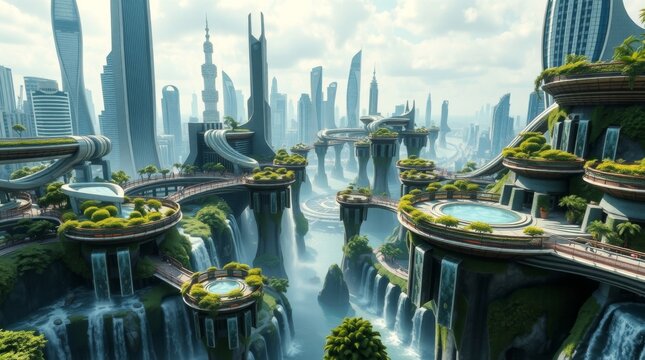 Futuristic cityscape with gardens, waterfalls, and sky bridges amid towering skyscrapers under a bright blue sky - Powered by Adobe