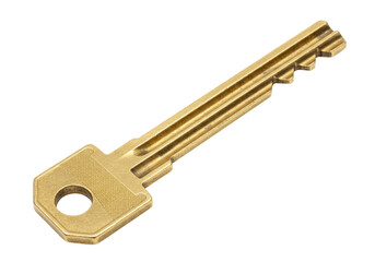 Brass key isolated on transparent background, metal door lock opener for security and access control