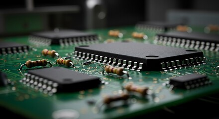 Close-up of a green circuit board with electronic components.