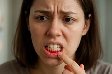 Woman pointing at inflamed bleeding gums experiencing dental pain