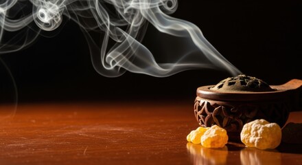 Aromatic incense burning in wooden holder with rising smoke for relaxation and meditation ambiance