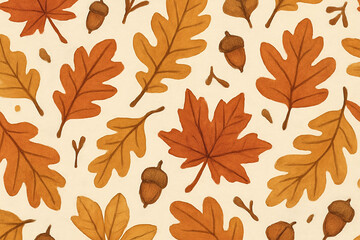 Fototapeta premium Seamless Autumn Pattern with Hand-Drawn Leaves and Acorns on Light Background