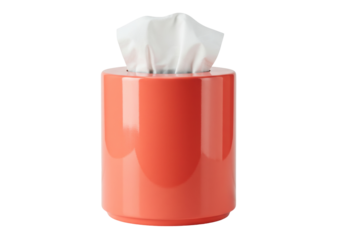 Coral tissue box with tissues isolated on transparent background, modern cylindrical container for home or office use