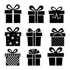 Illustration depicting a set of black silhouettes of a gift box with a bow on a white background