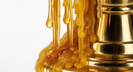 Golden honey dripping from metallic whisk for culinary design and kitchen decor