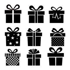 Illustration depicting a set of black silhouettes of a gift box with a bow on a white background