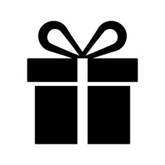 An illustration depicting a black silhouette of a gift box with a bow on a white background