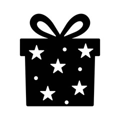 An illustration depicting a black silhouette of a gift box with a bow on a white background