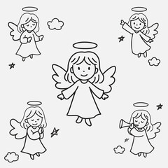 Cute angel doodle collection set. Adorable angels cartoon clip art hand drawn line art style in different pose for asset, design, holiday, poster, children