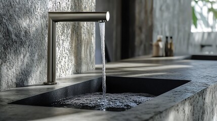 intricate, seamless, high-definition, photo-realistic, cinematic, architectural, minimalist, sleek, modern, industrial, water flowing, glass, concrete, chiaroscuro, dramatic lighting, precise details
