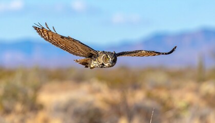 Obraz premium An avian predator, with wings outstretched, glides mid-air over a desert landscape. The bird's piercing eyes are locked, focused, against a backdrop
