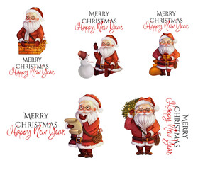 Set of 5 festive Christmas greeting cards. Collection of invitations with Santas. New Year's print