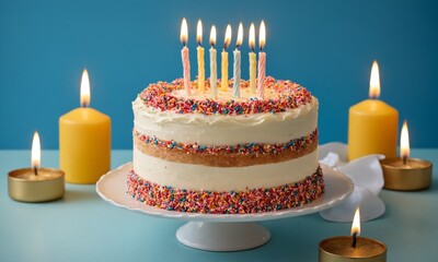 Celebrate joyous occasions with this elegant birthday cake adorned with colorful sprinkles and glowing candles, perfect for party invitations and greeting cards