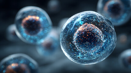 GClose-up of blue exosome particles inside transparent spheres3D illustration of exosomes in biotechnologyScientific visualization related to cosmetology and trichology.enerated image 05092025Prasanth