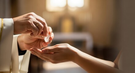 Religious ceremony featuring communion gesture in church setting