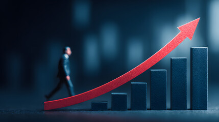 A rising trend is illustrated by the steady growth dark blue bars paired with a bold red arrow symbolizing progress and success 05092025Prasanth