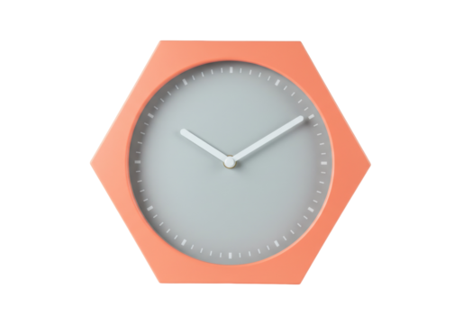 Hexagonal coral clock isolated on transparent background, modern design timekeeping object for home decor and office use