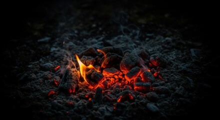 Glowing embers in a dark fire pit capturing warmth and evening ambience