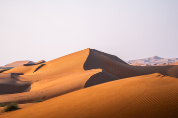 Orange sand dunes shaping desert landscape in oman