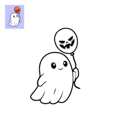 A cute and friendly ghost holds a spooky jack-o-lantern balloon, a fun black and white illustration for a Halloween coloring page