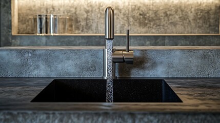 a kitchen sink with a stainless steel faucet, textured concrete wall, industrial minimalist, moody lighting, high contrast, cinematic, 4k, hyper-realistic
