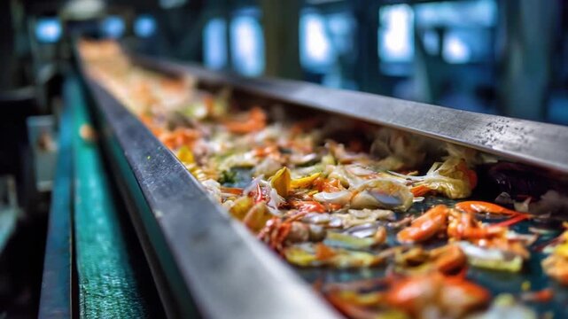 Seafood processing conveyor with shrimp crab shell waste showing microplastic contamination risk impacting food chain industry marine health factory