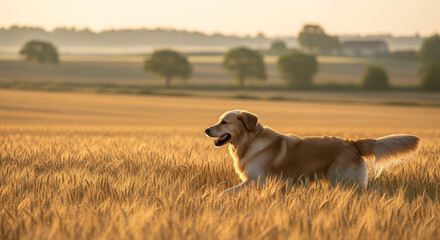 Un Golden Retriever court joyeusement &agrave; travers un champ de bl&eacute; baign&eacute; de soleil au coucher du soleil, rayonnant de bonheur et de libert&eacute; dans l'atmosph&egrave;re chaleureuse et idyllique de la campagne