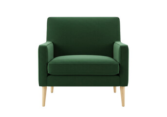 Elegant emerald green velvet armchair isolated, modern accent chair with wooden legs for living room or lounge area, studio shot
