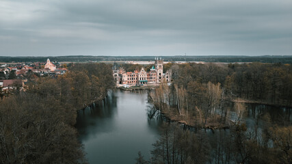Obraz premium Aerial View of Abandoned and Ruined Palace In Kopice, Opole Voivodeship, Poland
