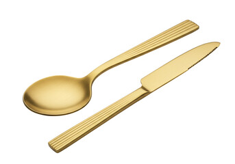 Golden spoon and knife isolated on white, elegant cutlery set for fine dining and special occasions