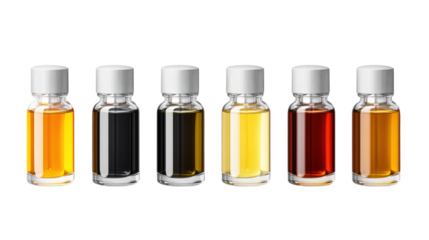 Assorted Bottles with Colored Liquids on Transparent Background
