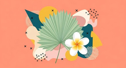 Tropical Floral Abstract Composition with Plumeria and Palm Leaf.