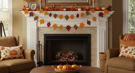 Cozy Autumn Fireplace Decor with Leaf Garland and Pumpkins.