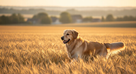 Un Golden Retriever court joyeusement &agrave; travers un champ de bl&eacute; baign&eacute; de soleil au coucher du soleil, rayonnant de bonheur et de libert&eacute; dans l'atmosph&egrave;re chaleureuse et idyllique de la campagne