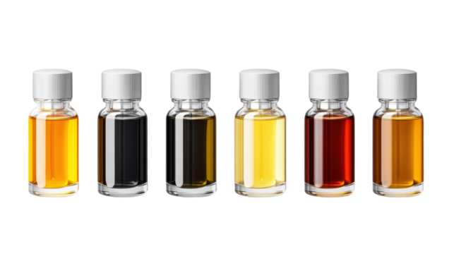 Assorted Bottles with Colored Liquids on Transparent Background