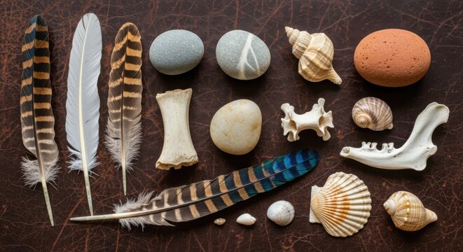 Coastal collection: seashells, pebbles, and feathers on leather background for nature decor and design