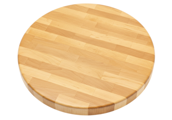 Round wooden cutting board isolated, butcher block end grain pattern for food preparation and serving, kitchenware object