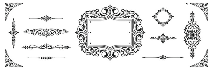 Ornate Floral Flourish Design Elements - Vintage Frame, Corner and Retro Divider Vector Set