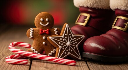 Obraz premium Festive christmas gingerbread cookie and candy cane scene with santa boots for holiday design