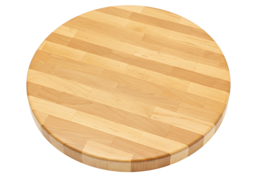 Round wooden cutting board isolated, butcher block end grain pattern for food preparation and serving, kitchenware object