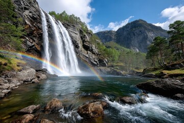 Obraz premium Double Rainbow Beneath Waterfall in Mountain Valley