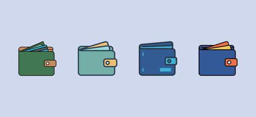 Set of men's leather wallet icons with cash and credit cards, finance and money concept vector illustration.
