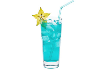 Refreshing blue lagoon cocktail with star fruit isolated, a tropical drink with ice and straw for summer refreshment