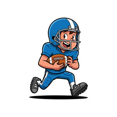 Young football player runs with the ball ready to score a touchdown.