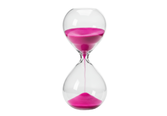 Pink sand hourglass isolated on transparent background, time running out concept for deadlines and countdowns, PNG