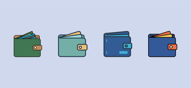 Set of men's leather wallet icons with cash and credit cards, finance and money concept vector illustration.