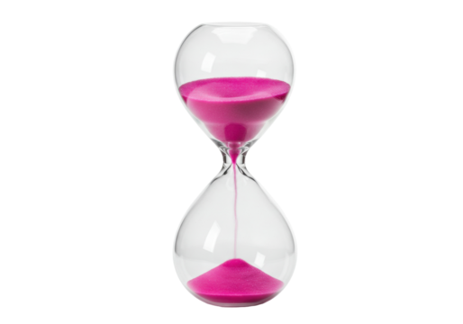 Pink sand hourglass isolated on transparent background, time running out concept for deadlines and countdowns, PNG