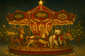 Christmas Carousel with Reindeer, Polar Bear, and More