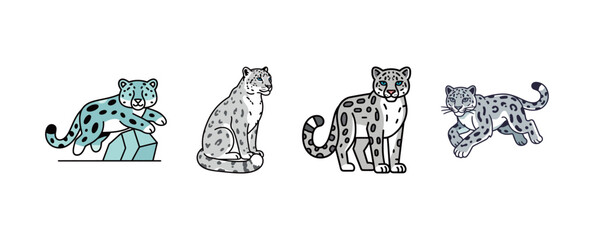 Set of cute snow leopard icons in various action poses, endangered wild cat vector illustration. © zhangfeng